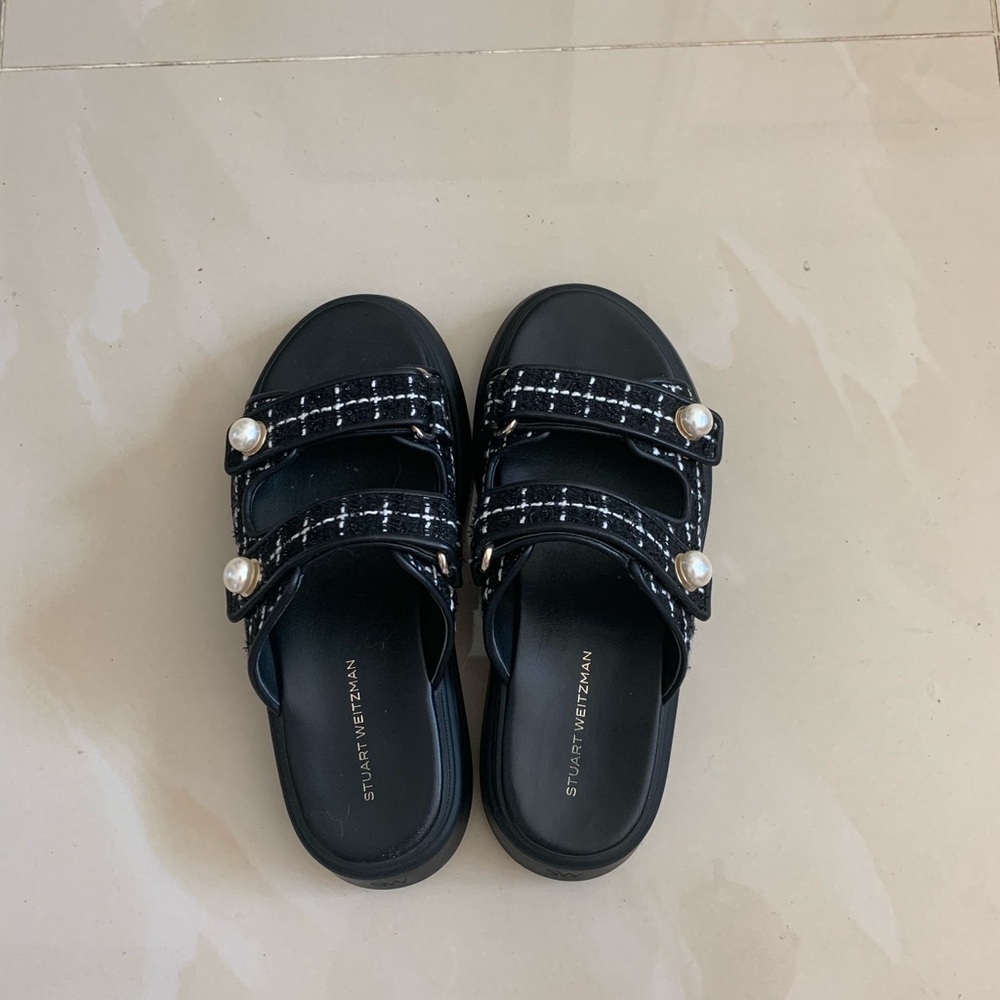 Stuart Weitzman Black Sandals with Pearl Accents
